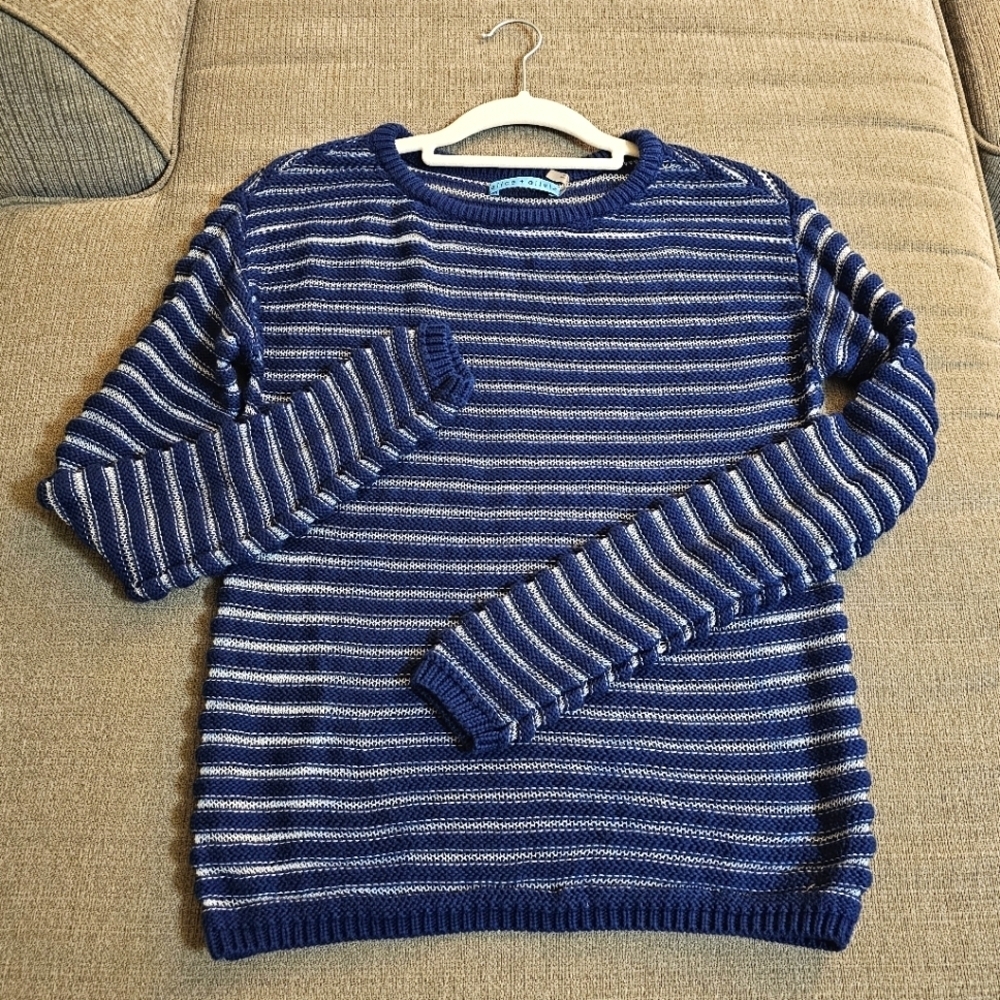 Alice +Olivia Blue White Striped Textured Knit Boho Comfy Casual Sweater Small